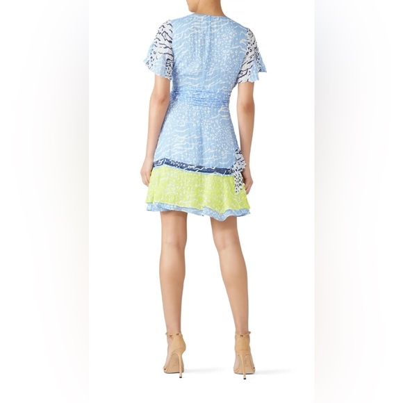 🍡🍭TANYA TAYLOR  Bianka ruffle wrap dress mixed print blue yellow size 2 - Picture 3 of 7